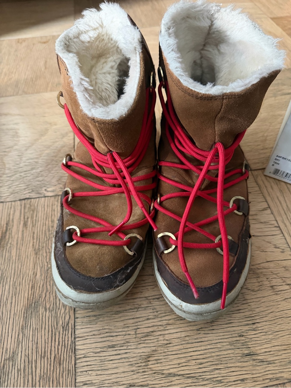 Tan Suede Winter Boots with Red Laces